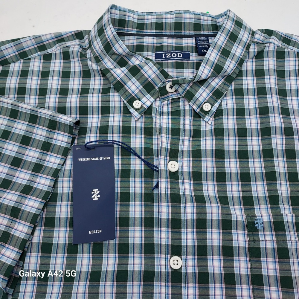 IZOD Mens XXL Green Blue Plaid Short Sleeve Button Down Shirt NWT Casual Preppy
